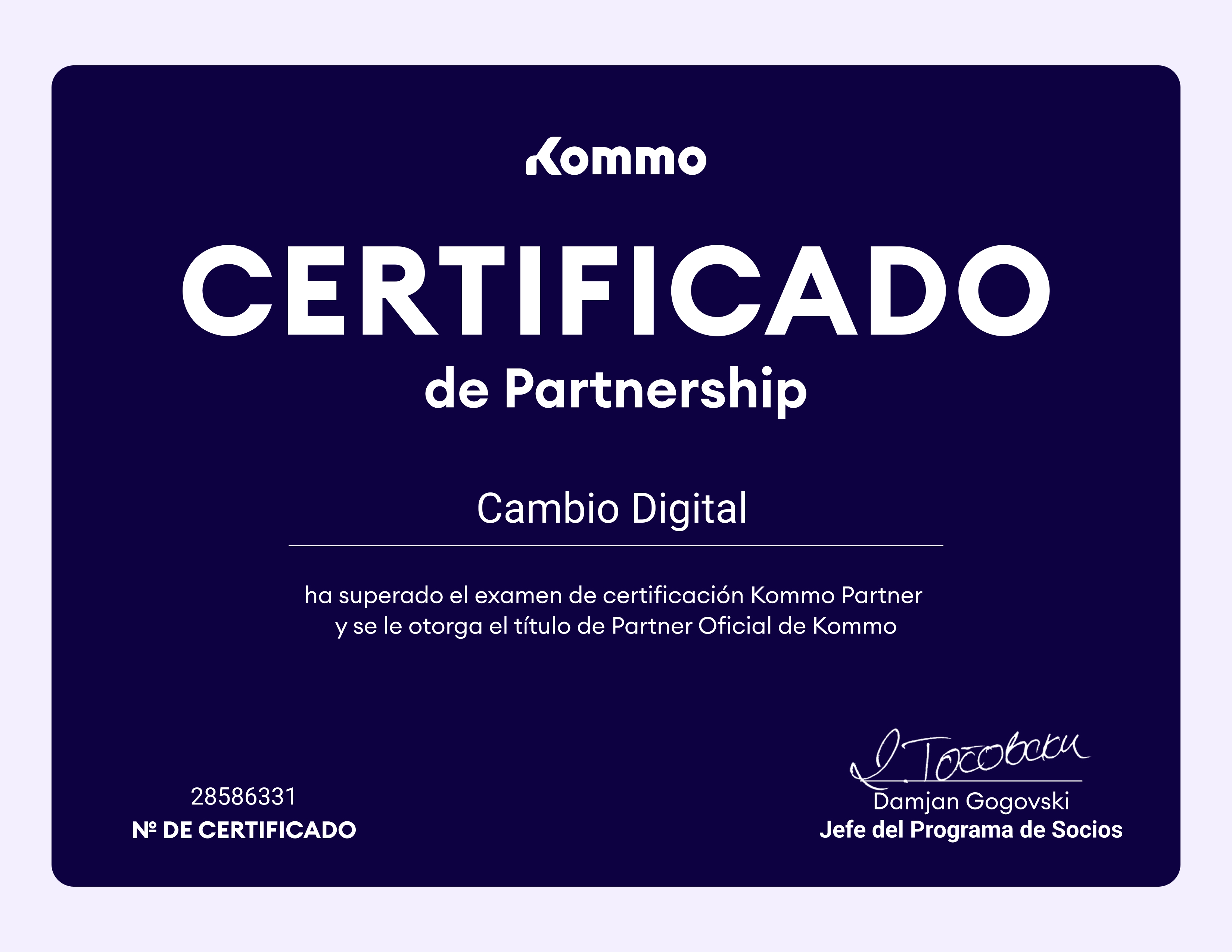 Certificado Partnership Kommo de Cambio Digital